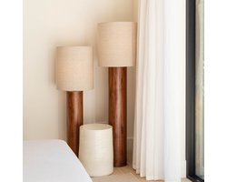 Atmooz Flores L Vloerlamp – Ø35x110 cm – Teak Hout – Linnen Kap – E27 – Staande Lamp