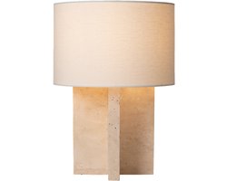 Atmooz Gijon Tafellamp – Ø30x43 cm – Travertin – Linnen Kap – E27 – Designlamp met Natuurlijke Materialen