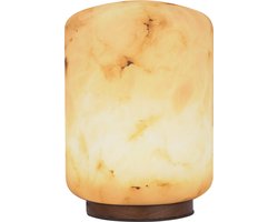 Atmooz Halifax Tafellamp – H23 cm – moderne tafel lamp binnen – decoratieve tafellamp woonkamer – geïntegreerde LED 3000K – warme lichtsfeer met opaalwit alabaster kap – eikenfineer basis – stijlvolle compacte sfeerlamp – bruin