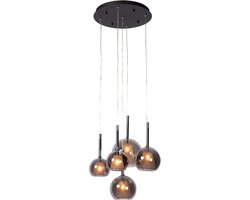 Atmooz - Hanglamp Saigon 5 - Vijf lampen - Glazen kappen - Zwart - Eye-catcher - Rookgrijs - Woonkamer / Eetkamer