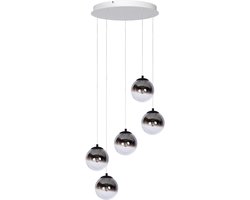 Atmooz Monza 5 hanglamp rond – witte plafondplaat – 5 smoky grijze glasbollen – geïntegreerde LED 2700K – dimbare design hanglamp – moderne hanglampen woonkamer – luxe glasdesign met decoratieve druppel – wit en smoky grey