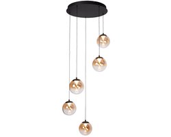 Atmooz MONZA 5 – Hanglamp – Ronde plafondlamp met 5 pendels – Ø 45 cm – Zwart metaal – amber & gerookt glas – Geïntegreerde LED – Dimbaar – 2700K