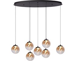 Atmooz Monza 7 Hanglamp Ovaal - 7-lichts Luxe Hanglamp - 90 cm - Geïntegreerde LED - Dimbaar - Modern Glas & Metaal Design - Eettafellamp - Zwart & Smoky Grey