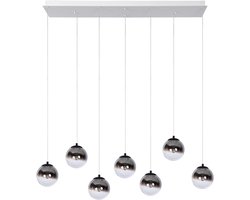 Atmooz Monza 7 hanglamp rechthoek – witte plafondplaat – 7 smoky grijze glasbollen – geïntegreerde LED 2700K – dimbare hanglampen eetkamer – moderne meerlichts designlamp – luxe glas met dropdetail – wit en smoky grey