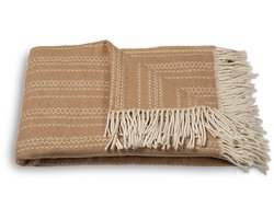 Atmooz Plaid Ember – Lichtbruin Woondeken 150x200 cm – Zachte Katoenmix met Witte Franjes – Warme Cosy Plaid voor Bank of Bed – Decoratief Deken voor Interieur – Comfortabel en OEKO-TEX® Gecertificeerd – Scandinavische Stijl en Tijdloos Design