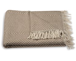 Atmooz Plaid Glow – Taupe Woondeken 150x200 cm – Zachte Katoenmix met Witte Strepen en Franjes – Cosy Plaid voor Bank of Bed – Warm Deken voor Interieur – OEKO-TEX® Gecertificeerd – Scandinavische Stijl met Tijdloze Elegantie