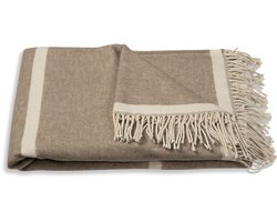 Atmooz Plaid Serenity – Lichtbruin Deken 150x200 cm – Zachte Katoenmix met Verticale Witte Strepen en Franjes – Cosy Woondeken voor Bank of Bed – OEKO-TEX® Gecertificeerd – Scandinavische Stijl en Tijdloos Interieuraccessoire