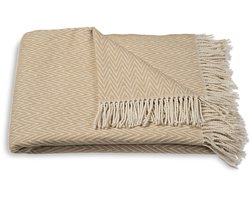 Atmooz Plaid Solance – Zandkleurig Deken 150x200 cm – Zachte Katoenmix met Witte Accenten en Franjes – Cosy Woondeken voor Bank of Bed – Warme Scandinavische Stijl – OEKO-TEX® Gecertificeerd – Tijdloos Interieuraccessoire