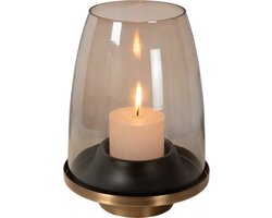 Atmooz Renzo S Kaarshouder – Ø18 x H25 CM – Antique Brass & Amber – Stijlvol Glazen Windlicht – Moderne Theelichthouder – Compacte Kaarsstandaard voor Dressoir – Luxe Sfeerlicht – Messing