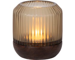 Atmooz Sablon kaarsenhouder S – Ø10 × H11 cm – donker hout met helder glas – kleine hurricane – moderne decoratieve kaarshouder – warme sfeermaker voor tafel, wandrek of kast – stijlvol woonaccessoire