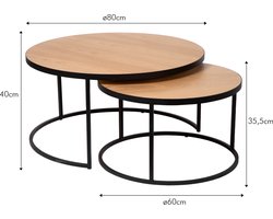 Atmooz Shafir Salontafelset - Set Van 2 Ronde Salontafels Ø80 + Ø60 Cm - Salontafel Rond Voor Moderne Interieurs - Bijzettafel Woonkamer In Hout En Metaal Met Veilige Afgeronde Randen - Moderne Koffietafel Industrieel Woonkamers - Naturel En Zwart