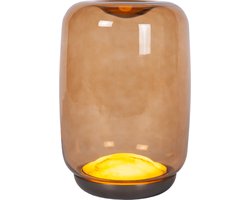 Atmooz Skibo Tafellamp – grote amberkleurige glasbol – decoratieve tafellamp woonkamer – geïntegreerde LED – bronzen metalen basis met alabaster detail – warme sfeerlamp in luxe design – moderne tafel lamp binnen – amber en brons