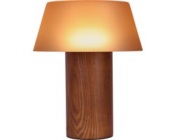 Atmooz Vancouver Tafellamp – Ø28 cm – decoratieve tafellamp woonkamer – geïntegreerde LED 3000K – matte bruine glas kap met eikenfineer voet – warme sfeerlamp voor kast of tafel – modern design – bruin hout en bruin glas