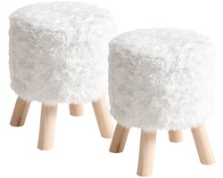 Atmosphera Bijzet krukje / zit krukje Teddy - 2x - houten pootjes - fluffy stof - wit - D30 x H39 cm - poefje