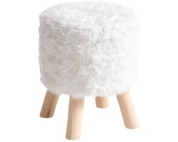 Atmosphera Bijzet krukje / zit krukje Teddy - houten pootjes - fluffy stof - wit - D30 x H39 cm - poefje