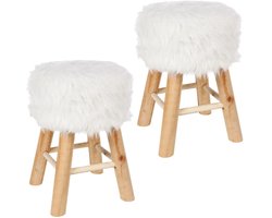 Atmosphera Bijzet krukje/zit krukje Oslo - 2x - houten onderstel/stof - wit - D30 x H42 cm