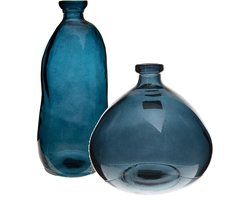 Atmosphera bloemenvazen set - 2x - Organische fles vorm - blauw transparant glas