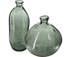 Atmosphera bloemenvazen set - 2x - Organische fles vorm - groen transparant glas