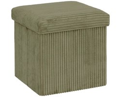 Atmosphera Hocker / Poef Essestial Ribcord - opvouwbaar - groen - MDF/polyester - 38 cm - met opbergruimte - extra zitplaatsen