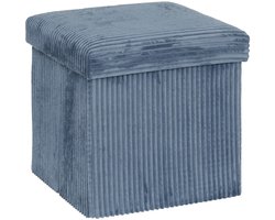 Atmosphera Hocker / Poef Ribcord - opvouwbaar - blauw - MDF/polyester - 38 x 38 cm - met opbergruimte - extra zitplaatsen