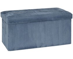Atmosphera Hocker / Poef Ribcord - opvouwbaar - blauw - MDF/polyester - 76 x 38 cm - opbergruimte - extra zitplaatsen - 2 persoons
