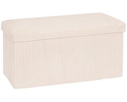 Atmosphera Hocker / Poef Ribcord - opvouwbaar - wit - MDF/polyester - 76 x 38 cm - opbergruimte - extra zitplaatsen - 2 persoons