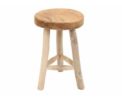Atmosphera Houten zitkrukje - D30 x H45 cm - naturel teakhout - zitplaatsen - volwassenen - krukken
