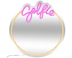 Atmosphera Neon Wandspiegel Selfie - LED - rond - roze - oplaadbaar - D35 cm - decoratie spiegel