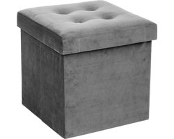 Atmosphera Poef - grijs - 38 x 38 cm - mdf/fluweel - hocker - opbergbox - opvouwbaar