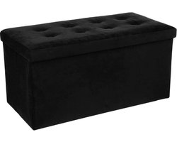 Atmosphera Poef/hocker - zwart - MDF/fluweel - 76 x 38 x 38 cm - opvouwbaar - opbergbox