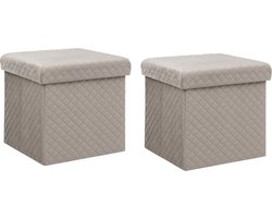Atmosphera Poef/hocker/voetenbankje - 2x - opbergbox - fluweel beige - PU/MDF - 31 x 31 x 31 cm - opvouwbaar