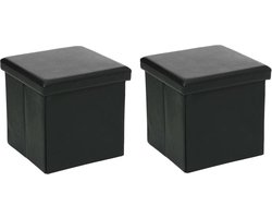 Atmosphera Poef/Hocker/voetenbankje - 2x - opbergbox - zwart - pvc/mdf - 38 x 38 cm - opvouwbaar