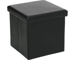 Atmosphera Poef/Hocker/voetenbankje - opbergbox - zwart - pvc/mdf - 38 x 38 cm - opvouwbaar