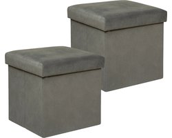 Atmosphera Poef/krukje/hocker Amber - 2x - Opvouwbare zit opslag box - fluweel Donkergrijs - D38 x H38 cm - MDF/polyester