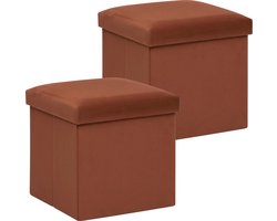 Atmosphera Poef/krukje/hocker Amber - 2x - Opvouwbare zit opslag box - fluweel roest bruin - D38 x H38 cm - MDF/polyester