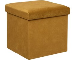 Atmosphera Poef/krukje/hocker Amber - Opvouwbare zit opslag box - fluweel Okergeel - D38 x H38 cm - MDF/polyester