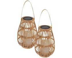 Atmosphera Solar tuin lantaarn - 2x - naturel - rotan kunststof - 16 x 23 cm - buiten - Led kaars licht
