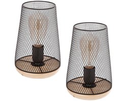 Atmosphera Tafellamp Soho - 2x - draad metaal/hout - zwart - H24 cm - Designlamp - met snoer