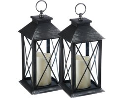 Atmosphera tuin lantaarn - 2x - grijs - kunststof/glas - 14 x 14 x 28 cm - buiten - Led kaars licht