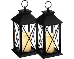 Atmosphera tuin lantaarn - 2x - zwart - kunststof/glas - 14 x 14 x 28 cm - buiten - Led kaars licht