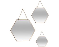 Atmosphera Wandspiegels - set van 3 spiegels - hexagon - metaal goud met ketting