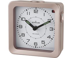 ATRIUM - Wekker - Analoog - Radiogestuurd - Alarm - Brons - Licht - Verlichte wijzers - Blauwe Displayverlichting - Opbouwend Alarmsignaal - Snooze - Duidelijk - Vierkant - Quartz uurwerk - Wekkers Slaapkamer - Klok - A660-17