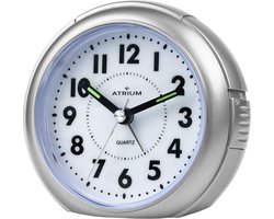 ATRIUM Wekker - Analoog - Zilver - Zonder Tikgeluid - Opbouwend alarmsignaal - Snooze - Glow-in-the-dark wijzers - Grote knoppen - Duidelijk - Zachte verlichting - Quartz Uurwerk - Afgerond - Stabiel - Wekkers Slaapkamers - Klok - A240-19