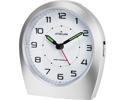 ATRIUM - Wekker - Analoog - Zonder tikgeluid - Alarm - Zilver - Verlichte wijzers - Zacht Licht - Radiogestuurd - Grote Drukknoppen - Duidelijk - Quartz uurwerk - Sluimerfunctie - Opbouwend geluidniveau pieptoon - Wekkers Slaapkamer - Klok - A620-19