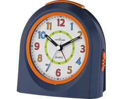 ATRIUM - Wekker - Kinderen - Meisjes Jongens - Analoog - Zonder tikgeluid - LED-licht - Licht/ wijzerplaatverlichting - Glow-in-the-dark wijzers - Donkerblauw / oranje - Opbouwend geluidniveau - Grote drukknoppen - Snooze - Slaapkamer - Klok - A921-5