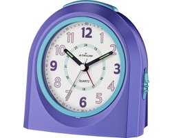 ATRIUM - Wekker - Kinderen - Meisjes - Jongens - Analoog - Zonder tikgeluid - LED-licht - Licht/ wijzerplaatverlichting - Glow-in-the-dark wijzers - Paars / Blauw - Opbouwend Geluidniveau - Grote Drukknoppen - Snooze - Slaapkamer - Klok - A921-8