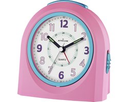 ATRIUM - Wekker - Kinderen - Meisjes - Jongens - Analoog - Zonder tikgeluid - LED-licht - Licht/ wijzerplaatverlichting - Glow-in-the-dark wijzers - Roze / Blauw - Opbouwend geluidniveau - Grote drukknoppen - Snooze - Slaapkamer - Klok - A921-17
