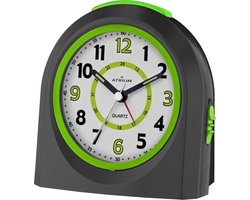 ATRIUM - Wekker - Kinderen - Meisjes - Jongens - Analoog - Zonder tikgeluid - LED-licht - Licht/ wijzerplaatverlichting - Glow-in-the-dark wijzers -Zwart / Groen - Opbouwend geluidniveau - Grote drukknoppen - Snooze - Slaapkamer - Klok - A921-7