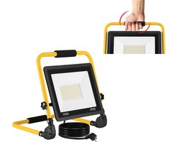 Aufun 100W LED Baustrahler - Warmwit - Met 3M Kabel - Standvoet & Draaggreep - voor Tuin & Garage