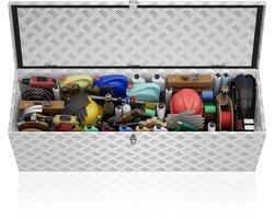 Aufun aluminium transportkist, gereedschapskist, aanhanger, gereedschapskist, disselkist met slot, waterdichte metalen kist voor het opbergen van gereedschap, 760 x 330 x 245 mm, zilver